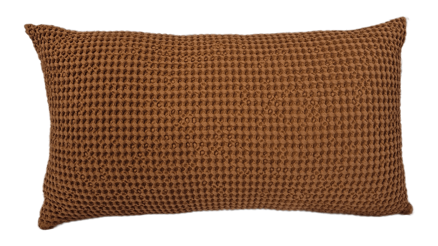 A rectangular New Bliss Feather Cushion featuring a toffee finish and a waffle-weave texture